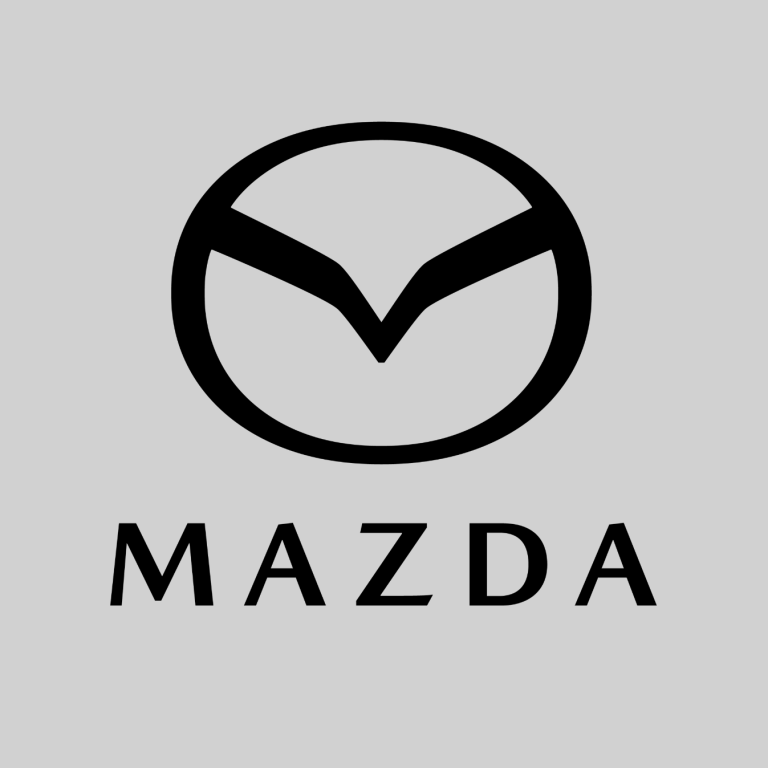 Logo von Mazda in Schwarz auf grauem Hintergrund.