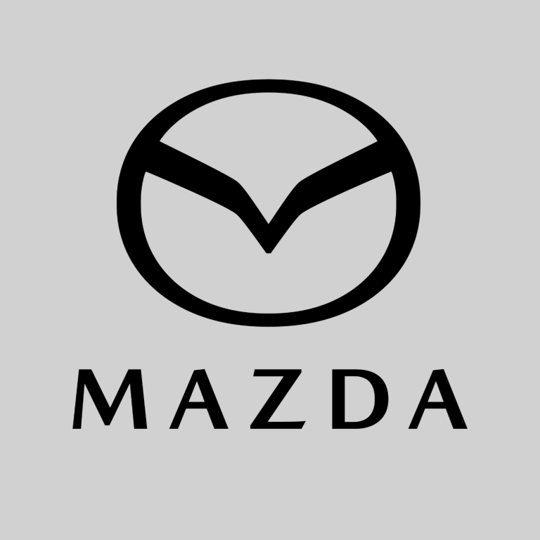 Logo von Mazda in Schwarz auf grauem Hintergrund.
